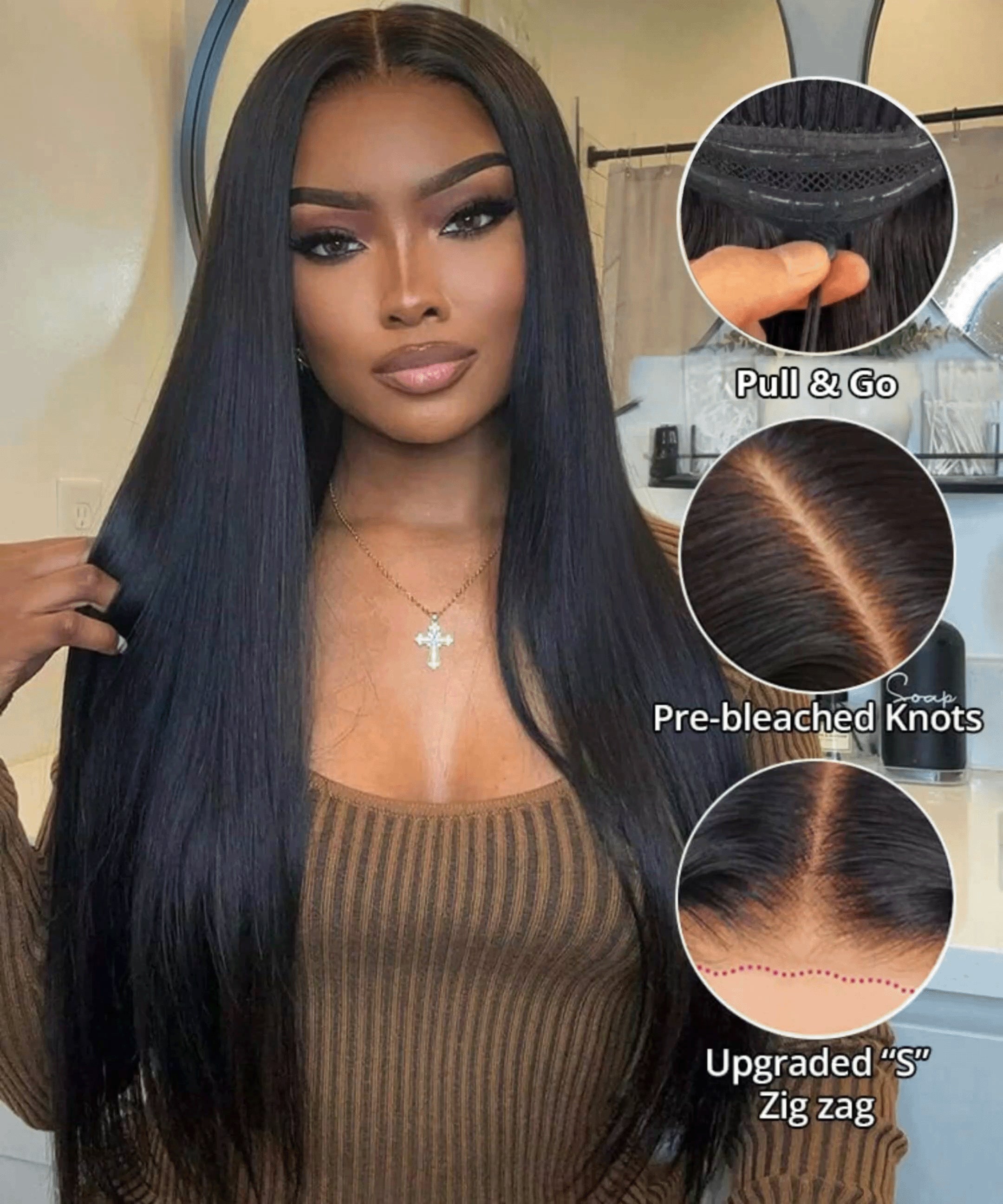 Minice Wear & Go Glueless Bone Straight Pre-cut Lace Wig Middle/Side C Part Human Hair Wig 180% Density