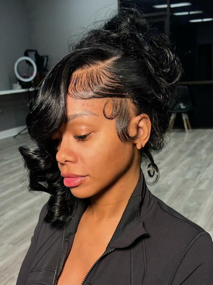 Glueless Invisi Drawing 360 Lace Wig Miss Buns With Side Part Bangs Pre-Styled Wig Human Hair