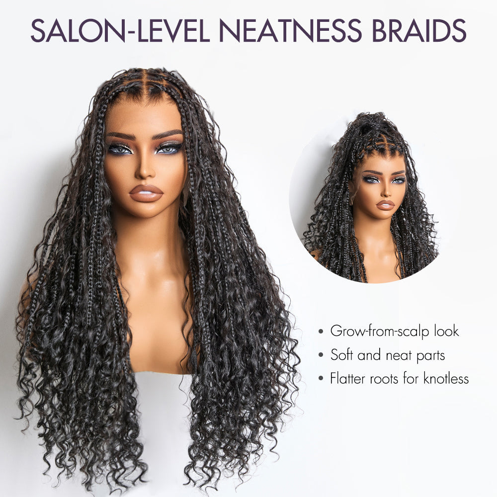 Ombre Color Full Lace Boho Curls Braided Long Wig Pre-braid Lightweight Tiny Knots Scalp