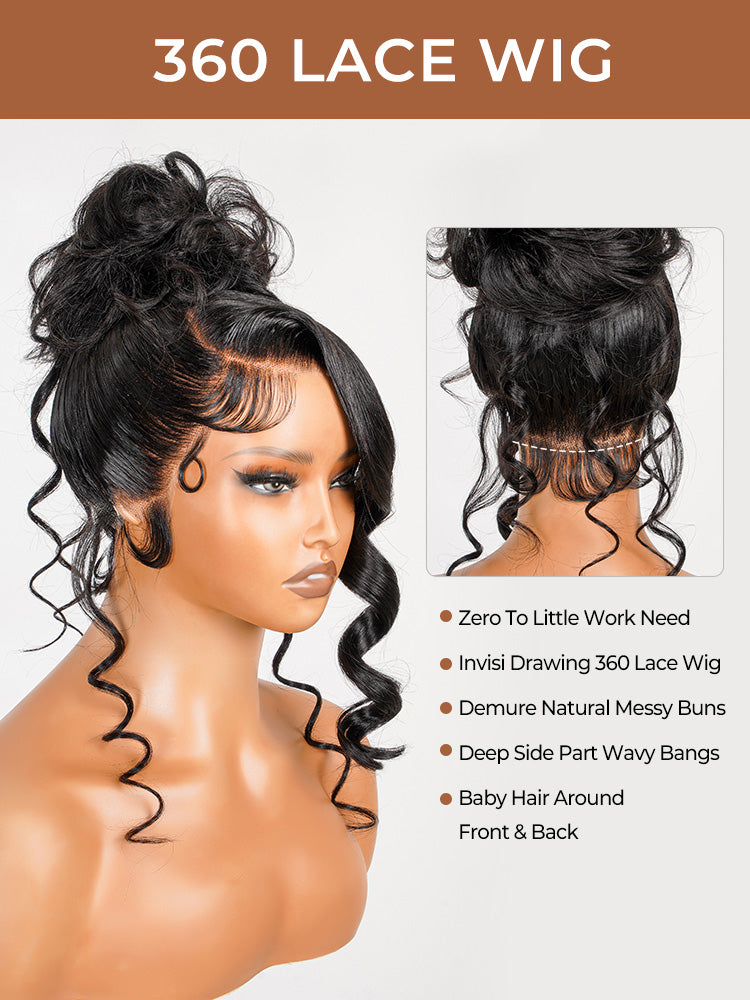Glueless Invisi Drawing 360 Lace Wig Miss Buns With Side Part Bangs Pre-Styled Wig Human Hair