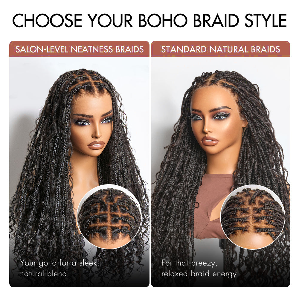 Full Lace Knotless Boho Curls Braided Long Wig Pre-braid Lightweight Super Natural Scalp