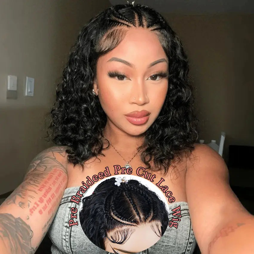 Minice Water Wave Pre-Braiding Bob Wig 13x6 Glueless Wigs Mini Knot Pre-Cut Lace Human Hair Wig