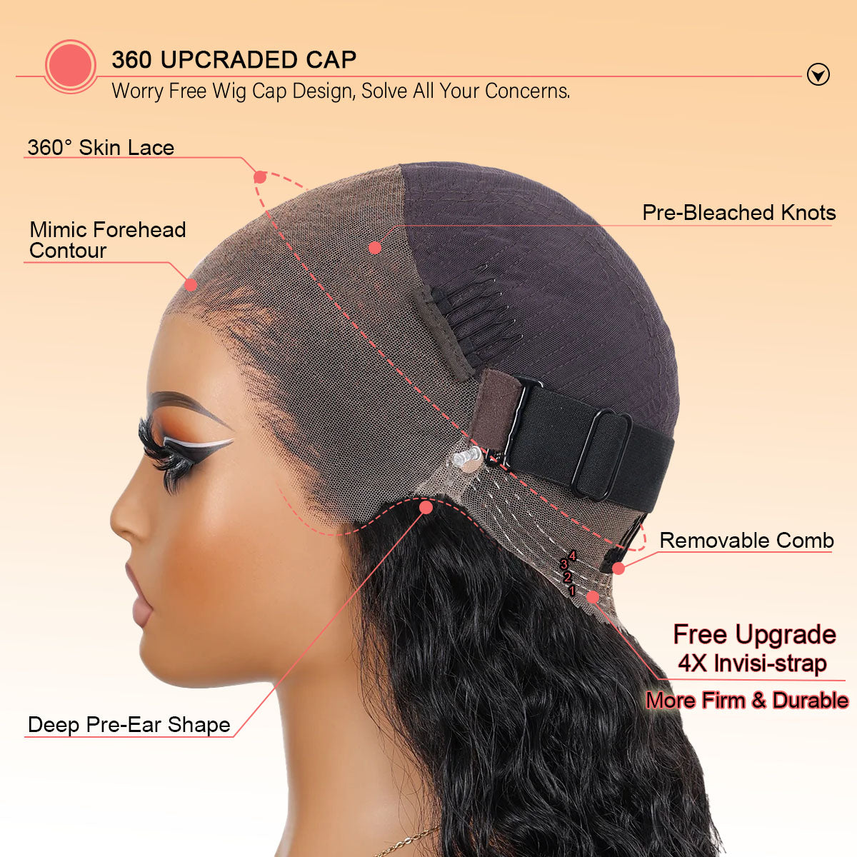 Invisible Strap 360 Lace Bleached Knot Pre-Cut Lace Optional