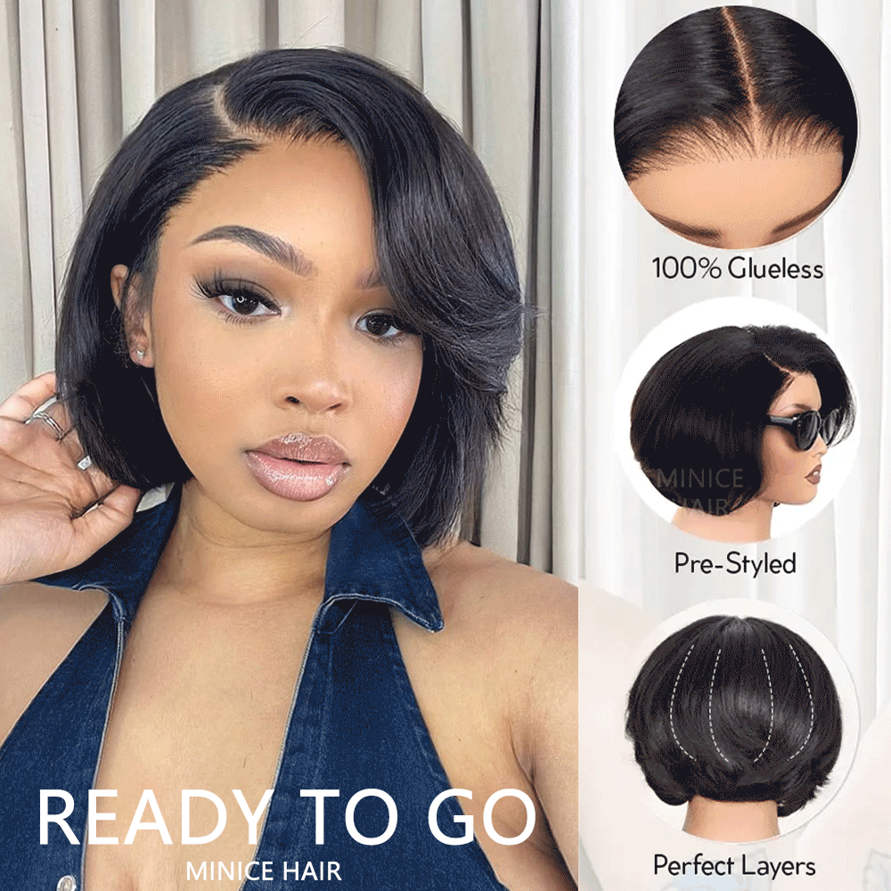 Yaki Straight Layered Cut Wig 6x4.5 Pre Cut Glueless Lace Closure Short Pixie Cut Wigs Silk Press Human Hair Super Sale