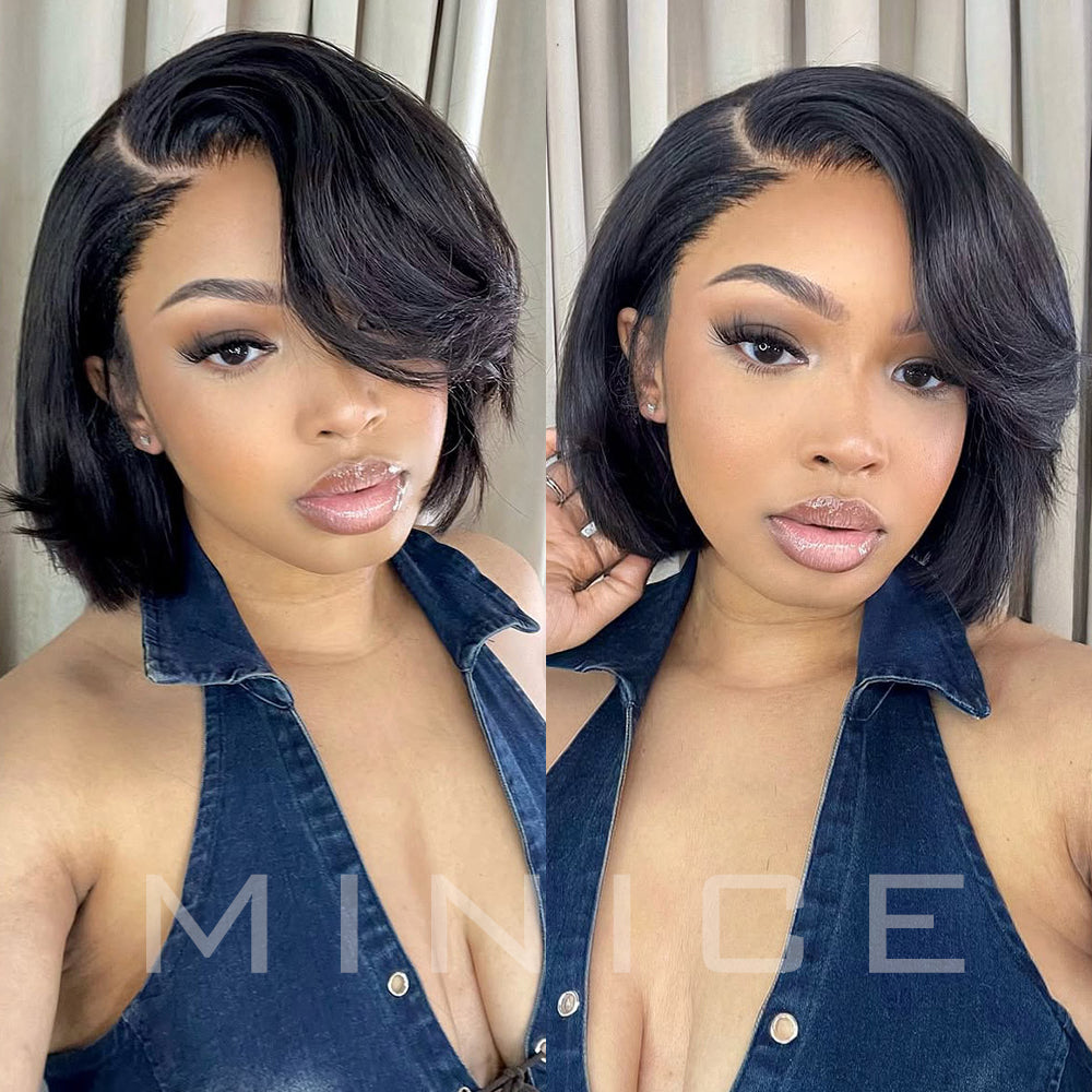 Yaki Straight Layered Cut Wig 6x4.5 Pre Cut Glueless Lace Closure Short Pixie Cut Wigs Silk Press Human Hair Super Sale