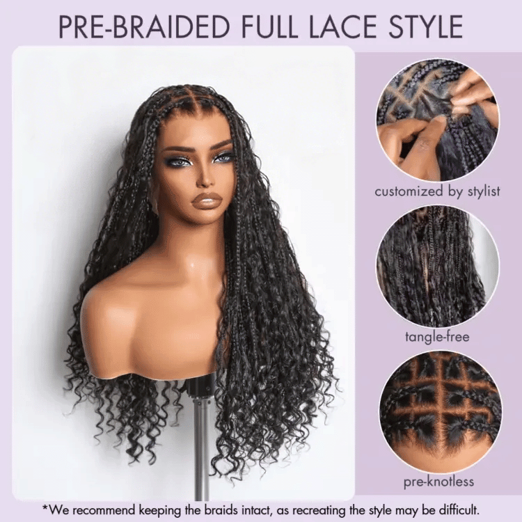 Ombre Color Full Lace Boho Curls Braided Long Wig Pre-braid Lightweight Tiny Knots Scalp