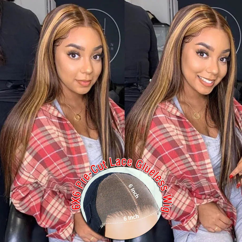 Minice Highlight P4/27 Brown With Blonde Color 6x6 Glueless Closure Wigs Human Hair