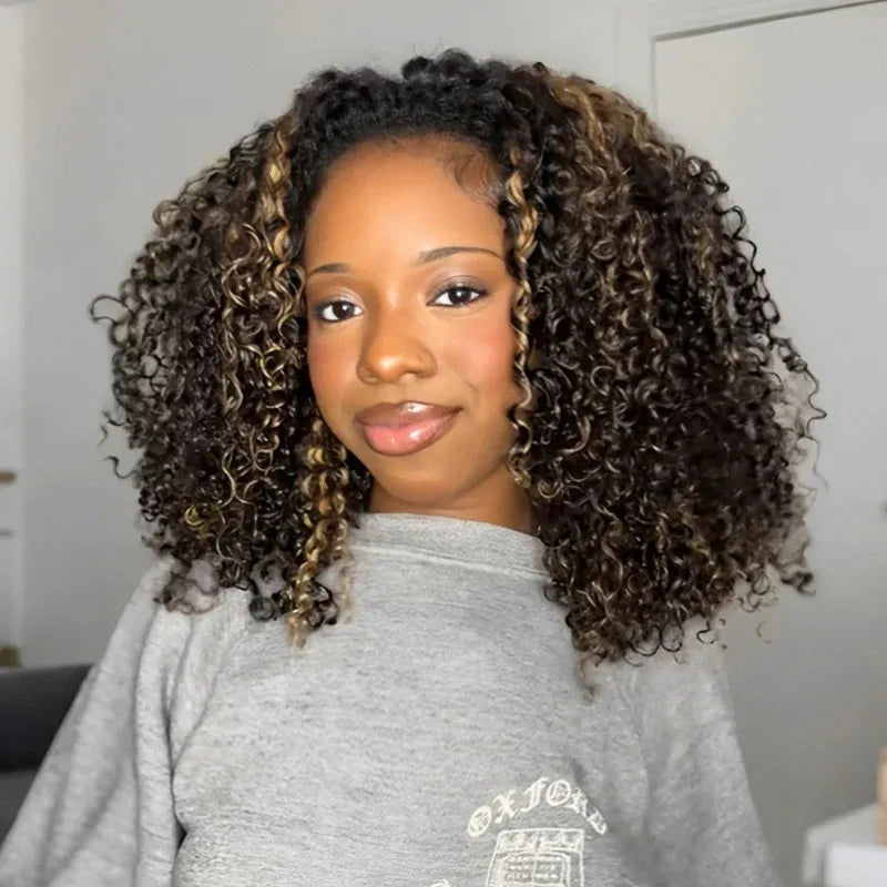 Blonde Highlight Kinky Curly Glueless Drawstring Half Wig Human Hair 3 In 1 Half Wig Invisible Hairline Protective Style