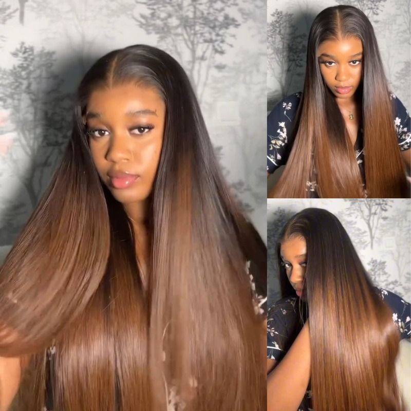 Ombre Black Brown Invisi Strap 360 Lace Frontal Glueless Bleach Knots Human Hair Wig
