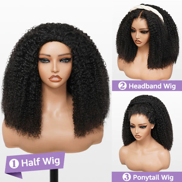 3 In 1 Half Wig Afro Kinky Curl Wear & Go Drawsting Wig No Glue Need Flip Over Half Wig Seamless Clip In
