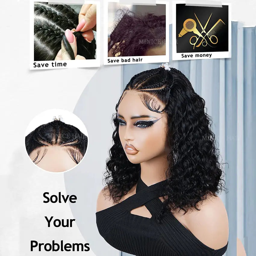 Minice Water Wave Pre-Braiding Bob Wig 13x6 Glueless Wigs Mini Knot Pre-Cut Lace Human Hair Wig