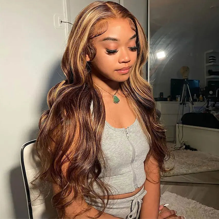 MINICE Highlight Brown and blonde hair 13x6 Body Wave HD Lace Frontal