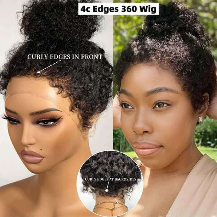 4C Hairline Pre Plucked 360 Invisi-String Snug Fit Kinky Curly Human Hair Natural Density with Curly Edges