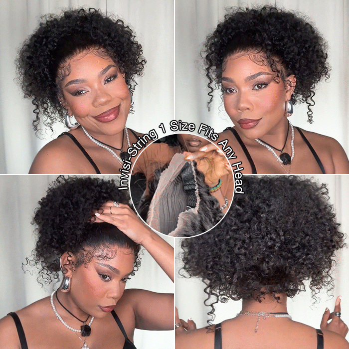 4C Hairline Pre Plucked 360 Invisi-String Snug Fit Kinky Curly Human Hair Natural Density with Curly Edges