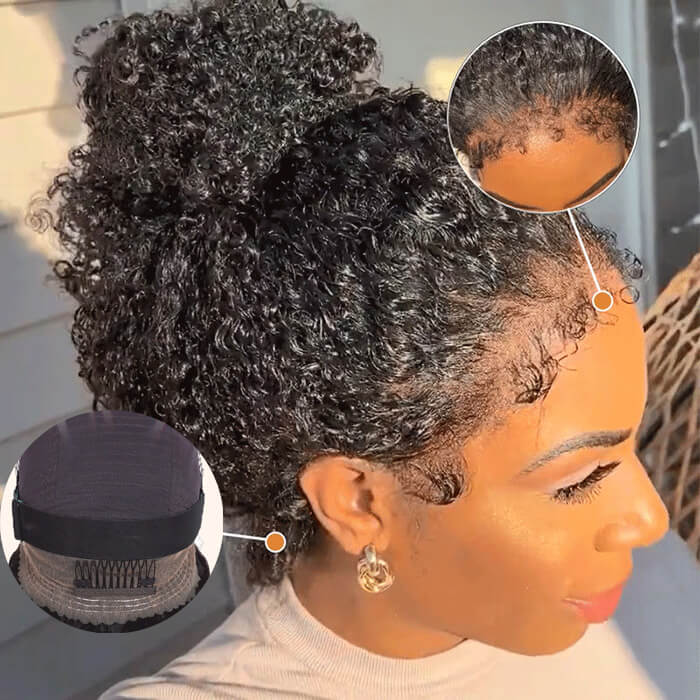 4C Hairline Pre Plucked 360 Invisi-String Snug Fit Kinky Curly Human Hair Natural Density with Curly Edges