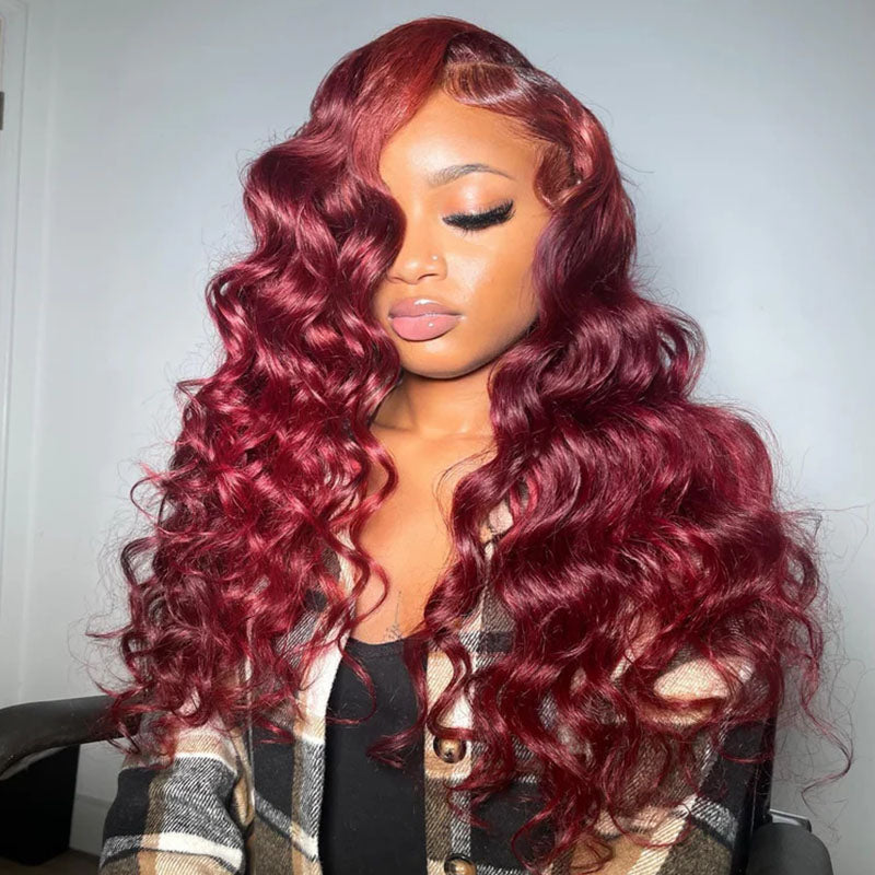 Burgundy 99J Loose Wave Wigs 13x4 Lace Front Wig Human Hair Pre Plucked