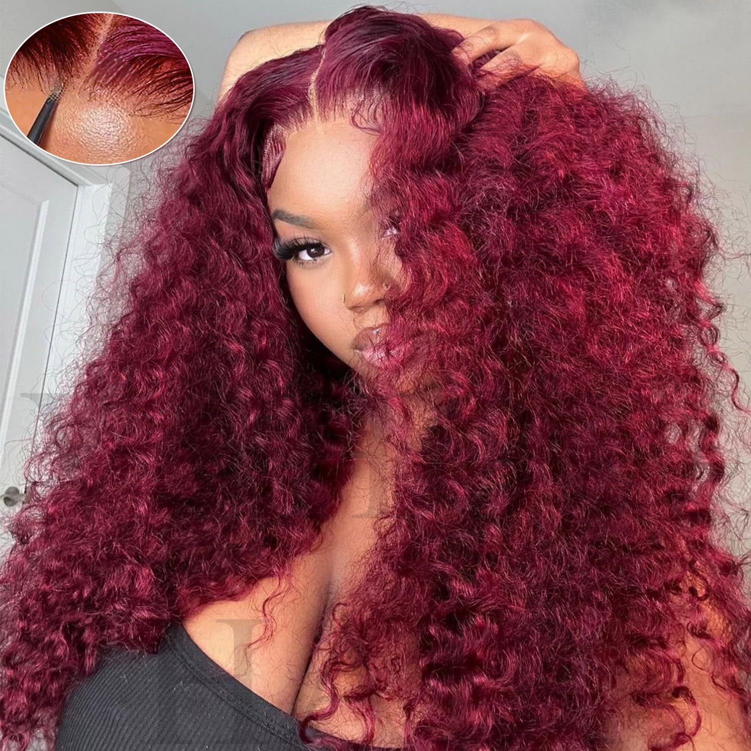 Minice 99J Burgundy Deep Wave 6×6 Pre-cut Lace Glueless Wig Human Hair Wigs