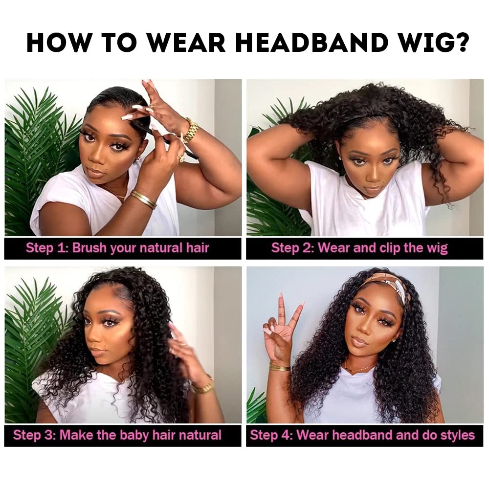 Minice Curly Headband Wig Human Hair None Lace Front Wig Machine Made Wigs Glueless Water Wave Headband Wigs