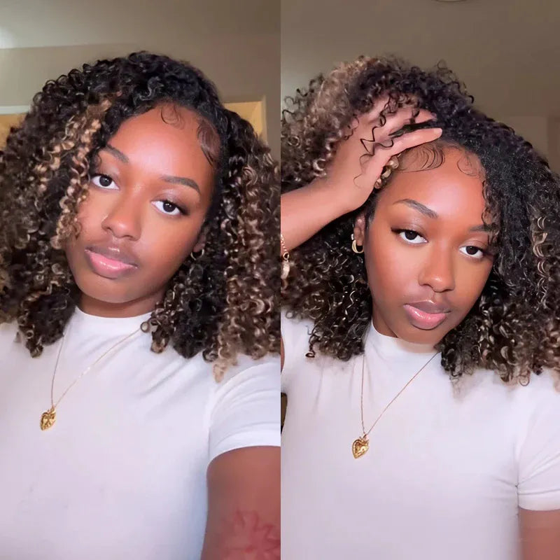 Blonde Highlight Kinky Curly Glueless Drawstring Half Wig Human Hair 3 In 1 Half Wig Invisible Hairline Protective Style