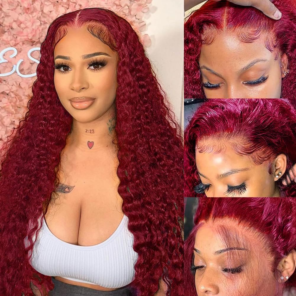 Minice 99J Burgundy Deep Wave 6×6 Pre-cut Lace Glueless Wig Human Hair Wigs