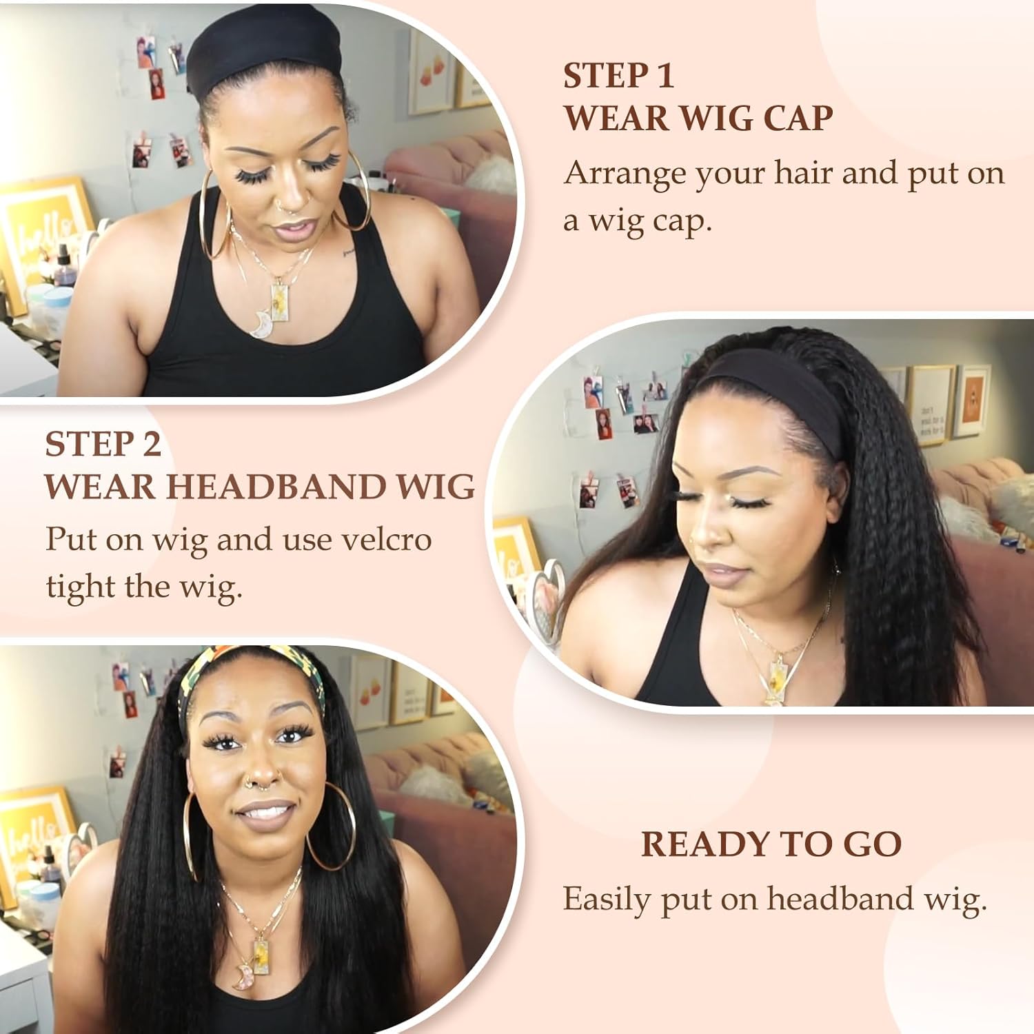 Minice Headband Wig Human Hair Kinky Straight None Lace Wig Glueless Yaki Straight Headband Wigs