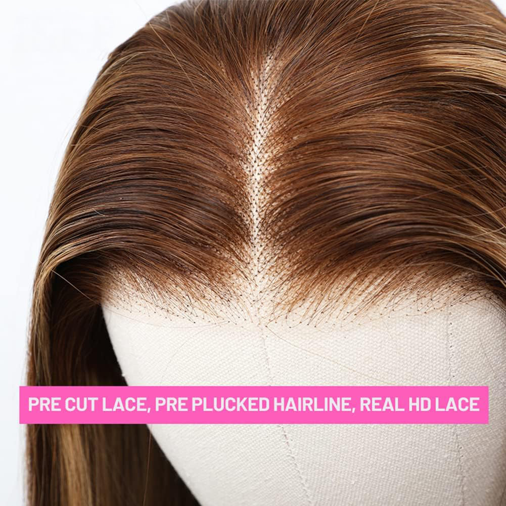 BOGO 4/27 Balayage Honey Blonde Highlight Straight Glueless Wig 4X6 Pre Cut HD Lace Human Hair