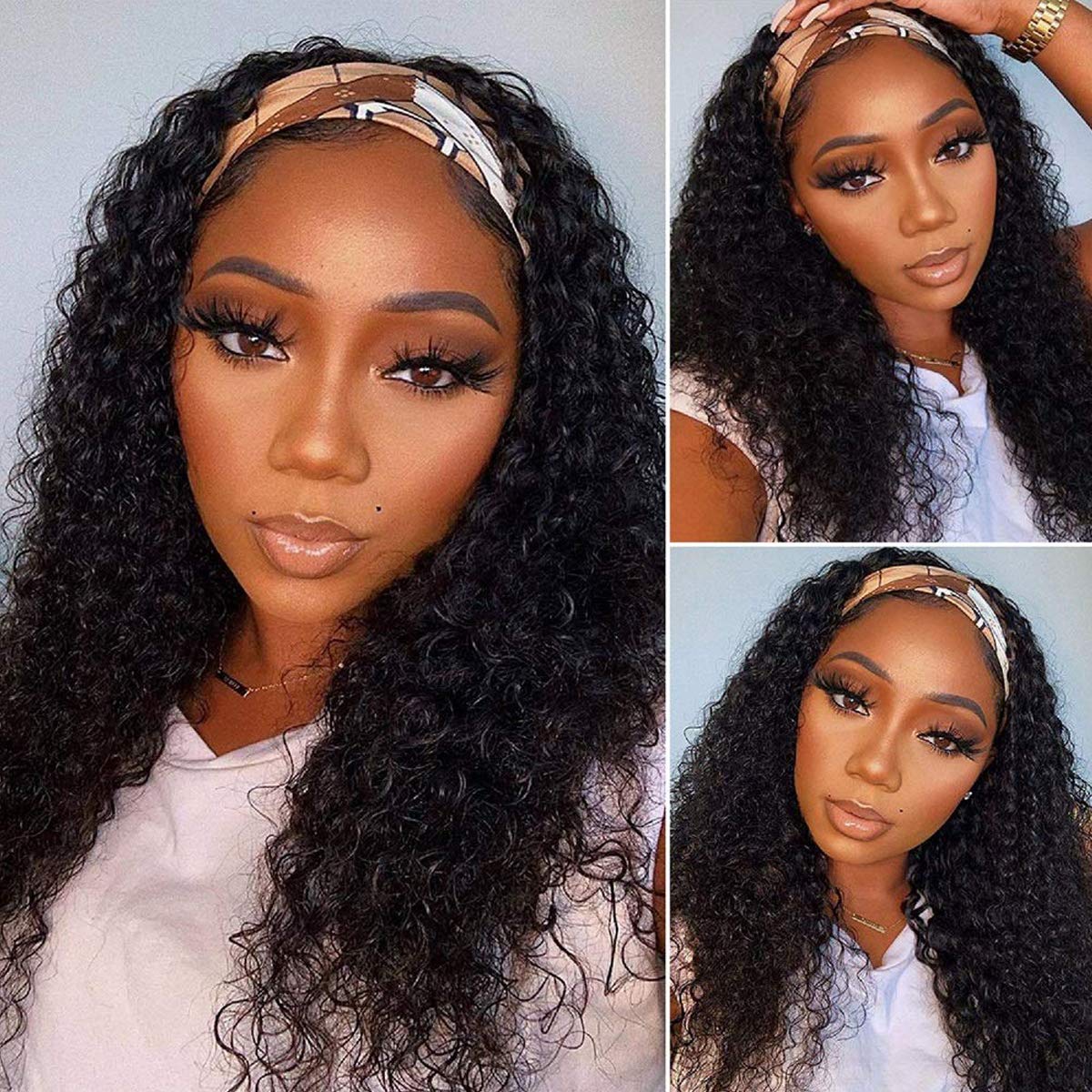 Minice Curly Headband Wig Human Hair None Lace Front Wig Machine Made Wigs Glueless Water Wave Headband Wigs