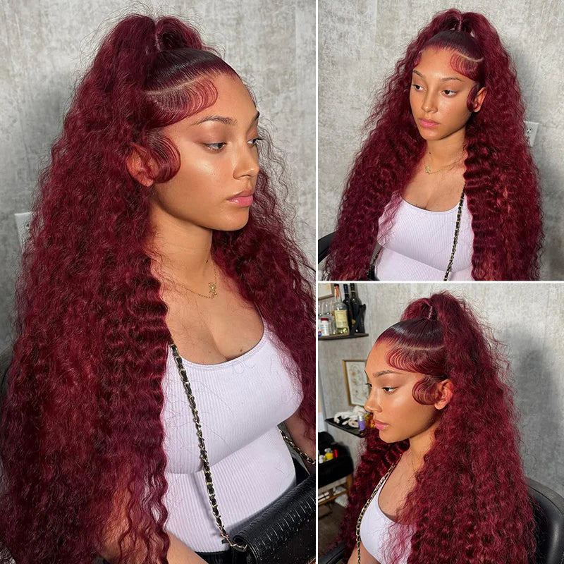 Minice 99J Burgundy Deep Wave 6×6 Pre-cut Lace Glueless Wig Human Hair Wigs