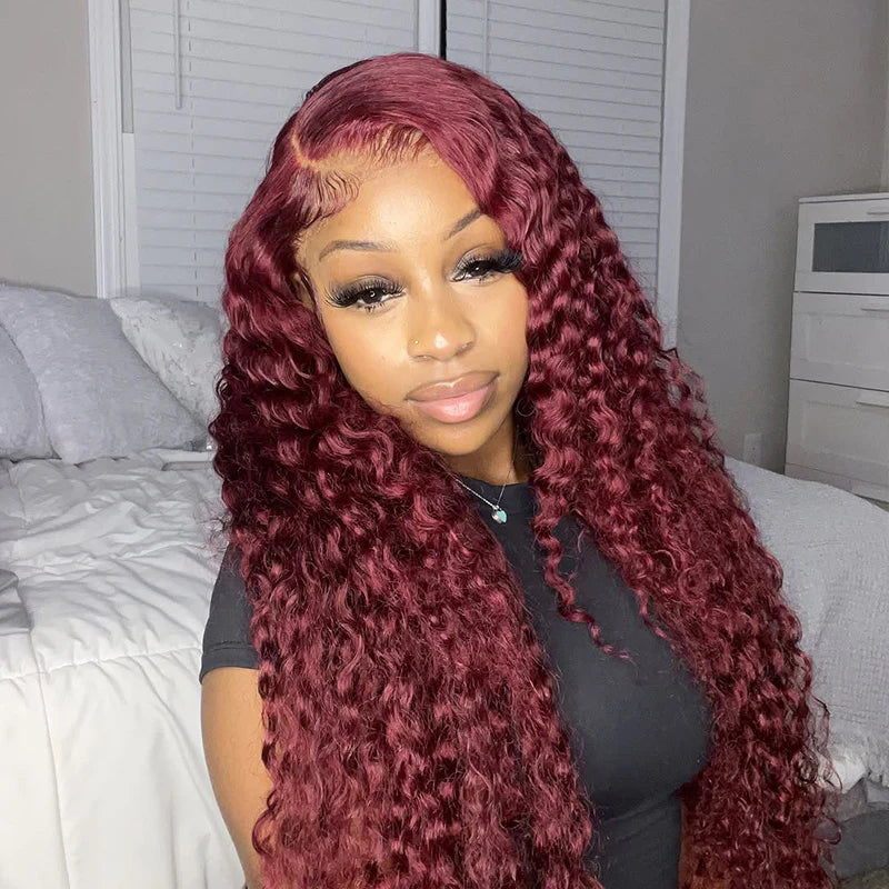 Minice 99J Burgundy Deep Wave 6×6 Pre-cut Lace Glueless Wig Human Hair Wigs