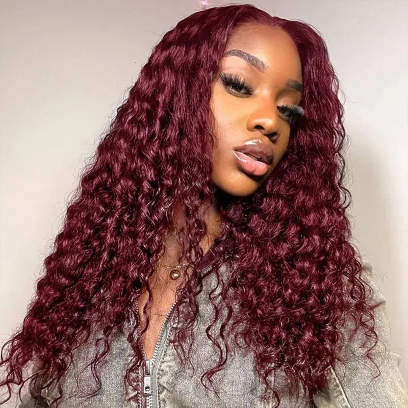 Minice 99J Burgundy Deep Wave 6×6 Pre-cut Lace Glueless Wig Human Hair Wigs