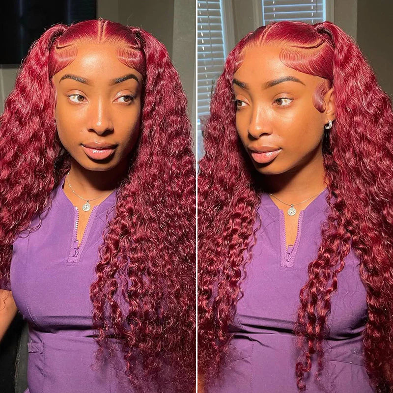 Minice 99J Burgundy Deep Wave 6×6 Pre-cut Lace Glueless Wig Human Hair Wigs