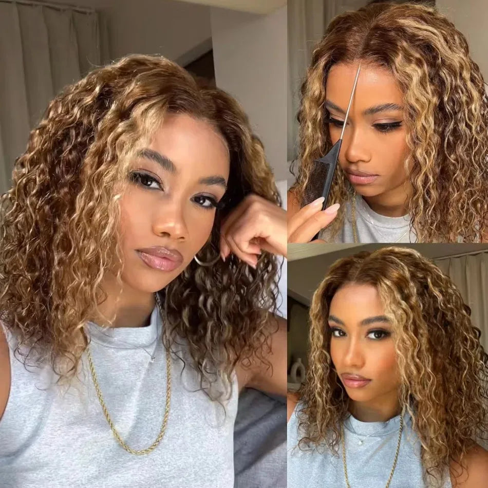 Minice Highlight Wig 6X6 Deep Wave Brown With Blonde Color Ready To Go Wig