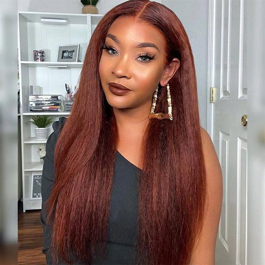 Minice Reddish Brown Kinky Straight 6x6 Invisible Knot Glueless HD Lace Virgin Human Hair Wig