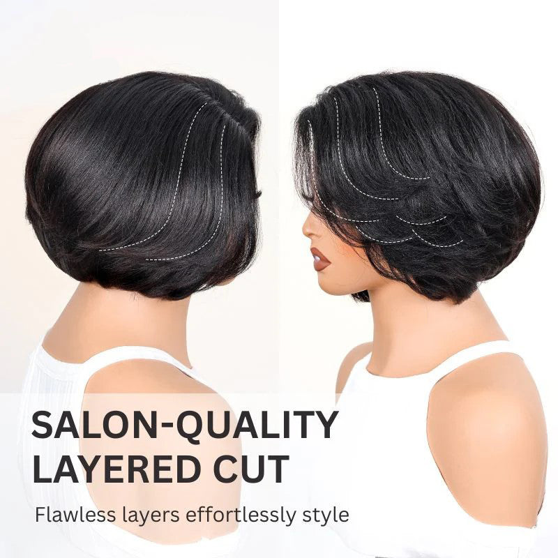 Yaki Straight Layered Cut Wig 6x4.5 Pre Cut Glueless Lace Closure Short Pixie Cut Wigs Silk Press Human Hair Super Sale