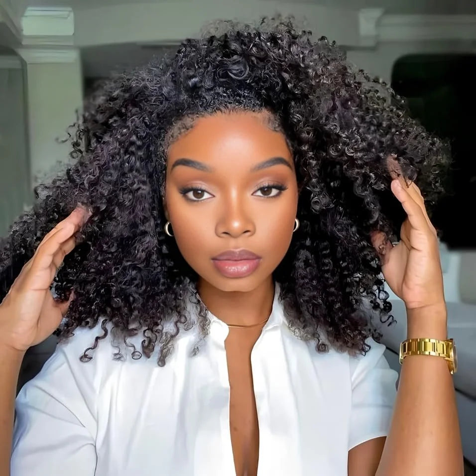 3 In 1 Half Wig Afro Kinky Curl Wear & Go Drawsting Wig No Glue Need Flip Over Half Wig Seamless Clip In