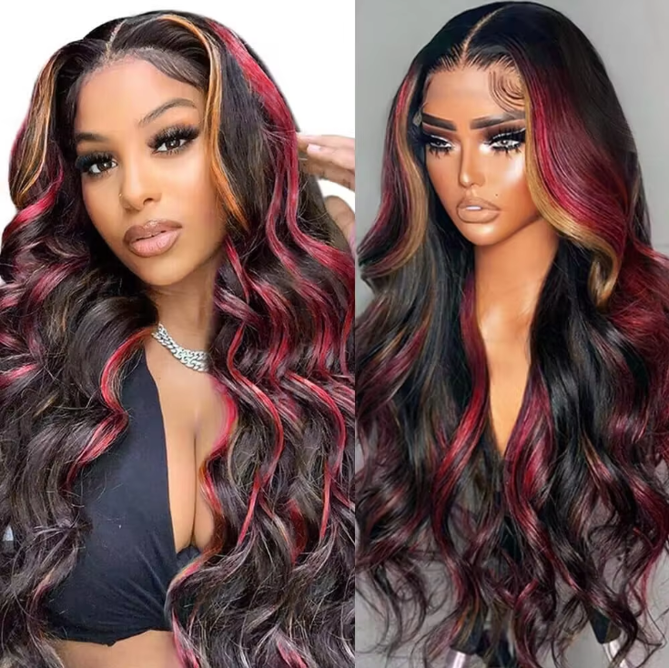 Red Blonde Highlights 13x4 Lace Front Wigs Human Hair Pre Plucked