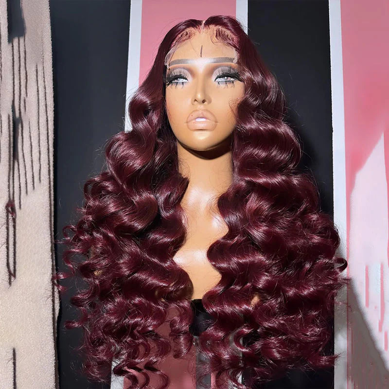 Burgundy 99J Loose Wave Wigs 13x4 Lace Front Wig Human Hair Pre Plucked