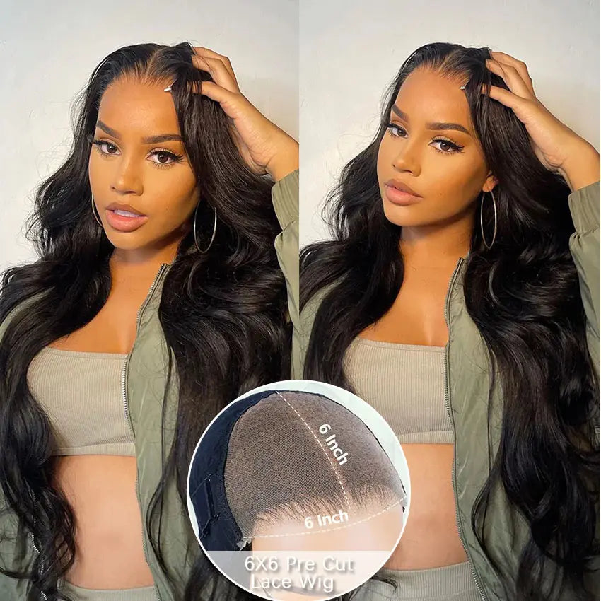 6x6 Pre-Cut Pre-Bleached Body Wave Glueless Lace Wig Human Hair 180% Density Pre Plucked