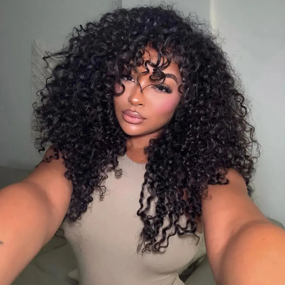 Kinky Curly Wig With Bangs Brazilian Remy Human Hair Glueless wig Super Sale