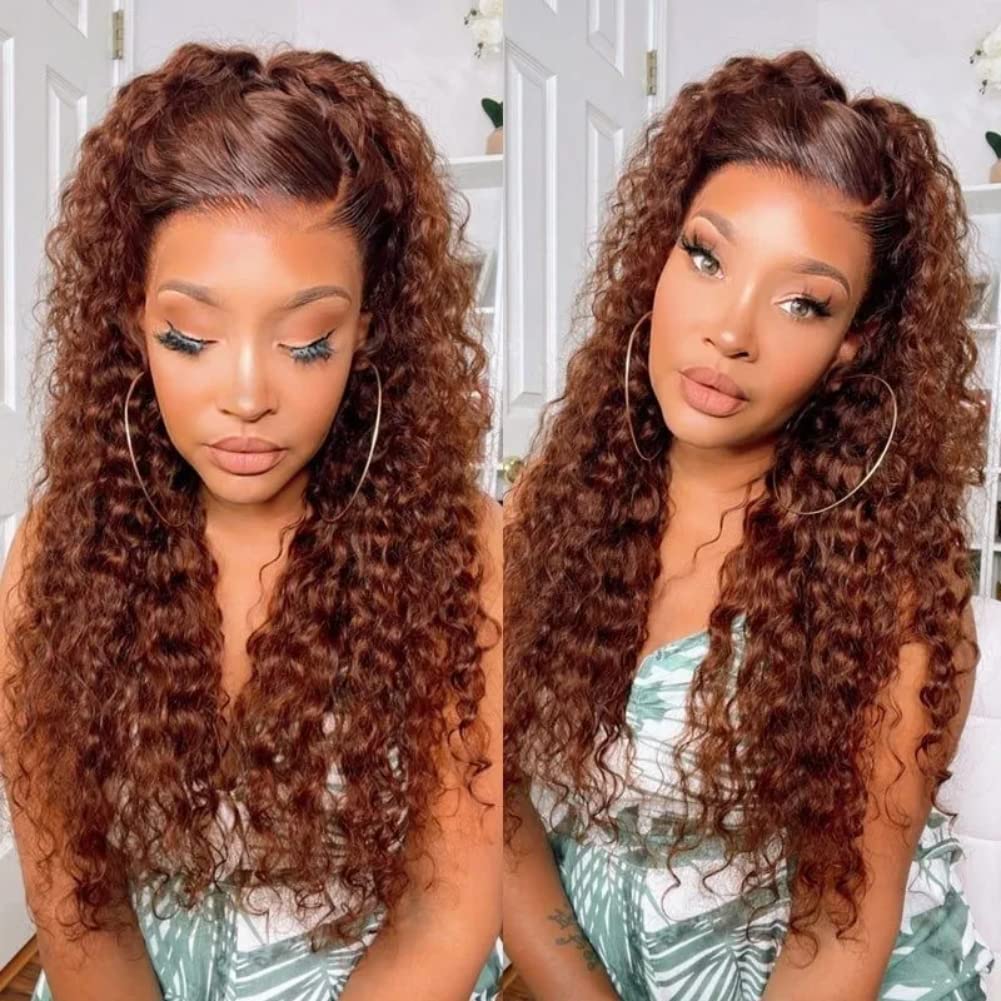 Reddish Brown Water Wave 13x4 Wigs Remy Human Hair Pre-Plucked 180% Density With Baby Hair 50% OFF