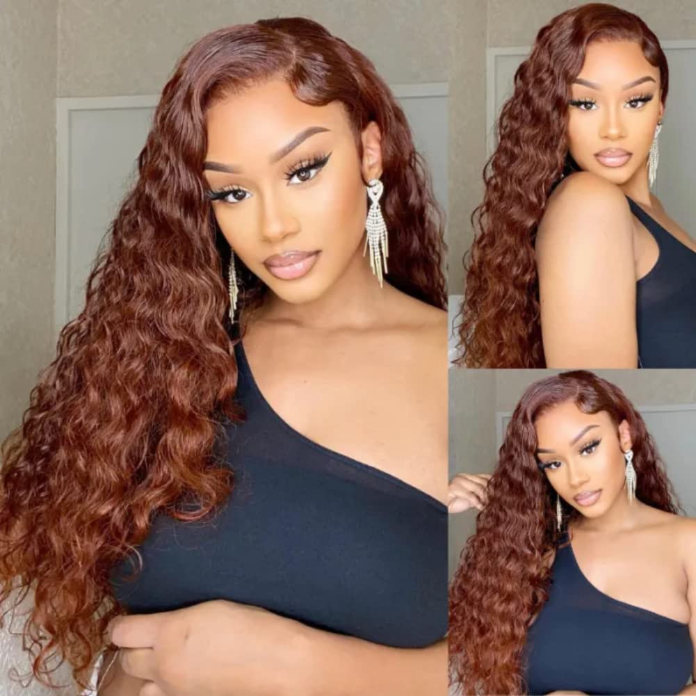 Reddish Brown Water Wave 13x4 Wigs Remy Human Hair Pre-Plucked 180% Density With Baby Hair 50% OFF