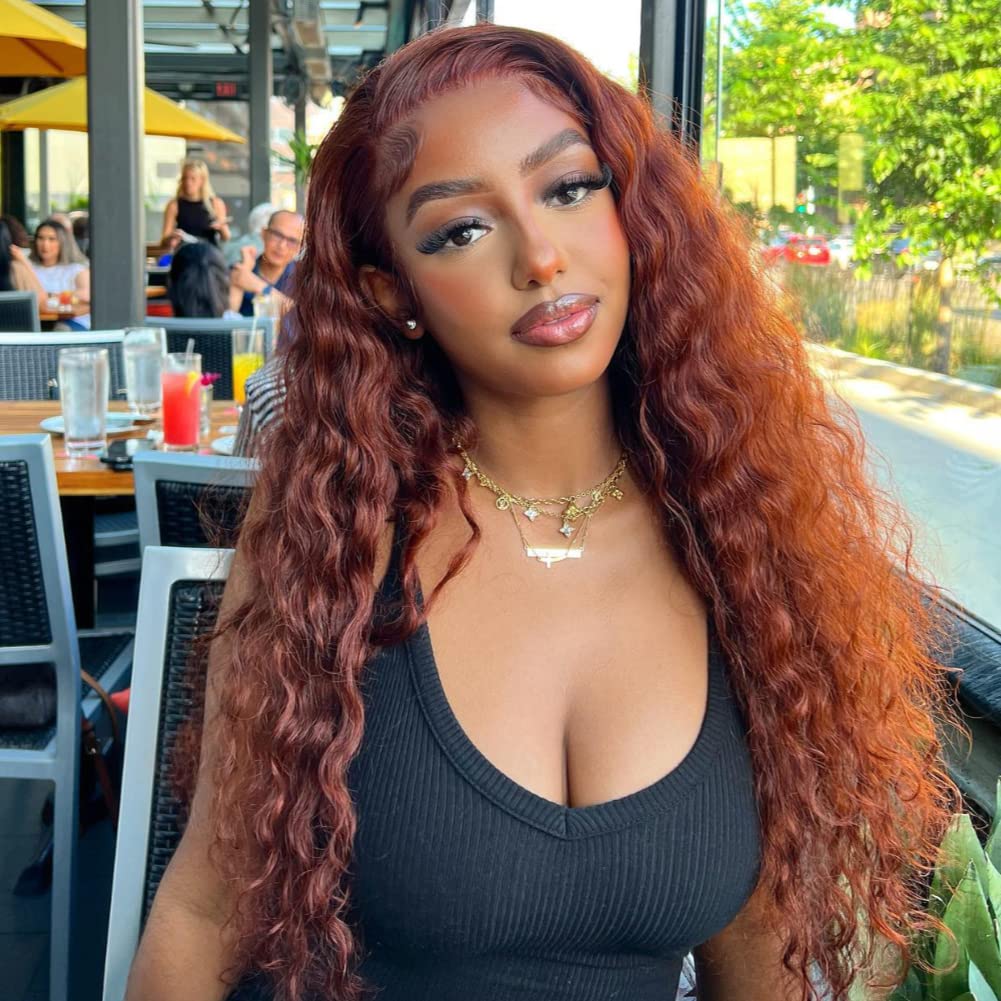 Reddish Brown Water Wave 13x4 Wigs Remy Human Hair Pre-Plucked 180% Density With Baby Hair 50% OFF