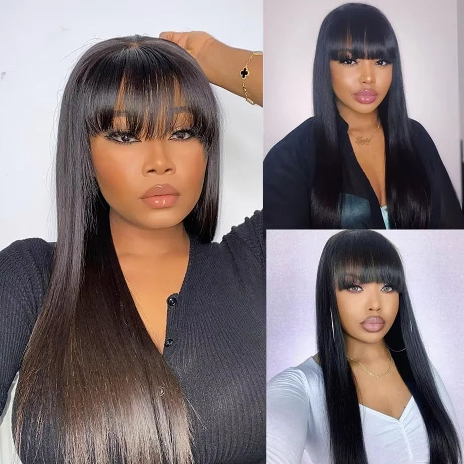 $89 for 20" Straight Glueless Human Hair Wigs With Bangs Brazilian Hair Wigs 3x1 HD Lace Wigs Super Sale