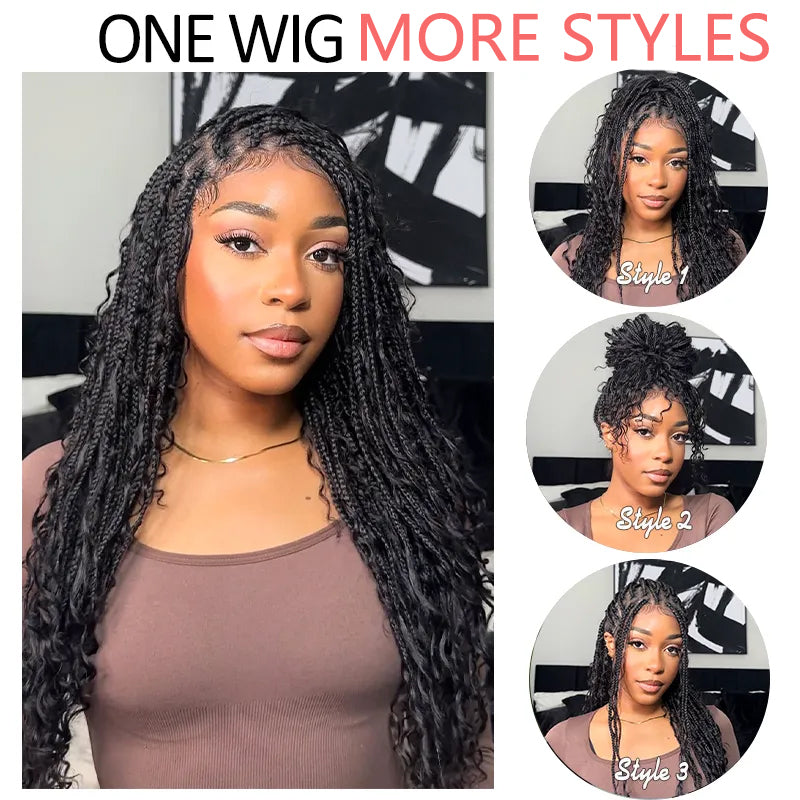 Ombre Color Full Lace Boho Curls Braided Long Wig Pre-braid Lightweight Tiny Knots Scalp