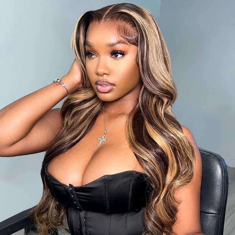 Brown Highlight Skin 13x4 Body Wave Lace Front Wig Virgin Hair