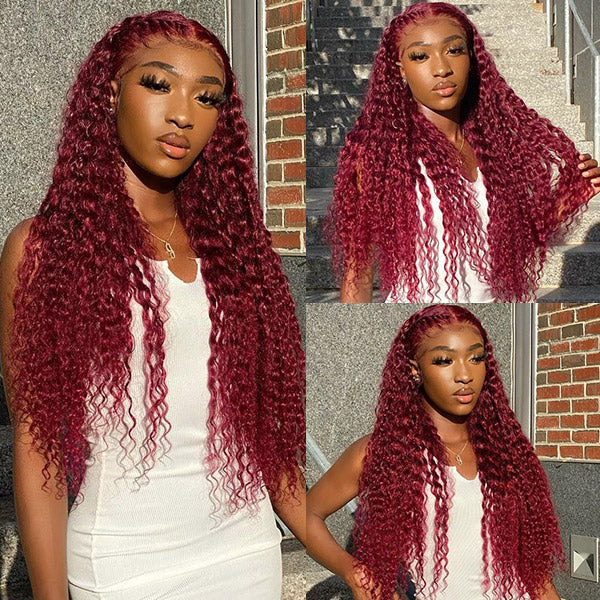 Minice 99J Burgundy Deep Wave 6×6 Pre-cut Lace Glueless Wig Human Hair Wigs