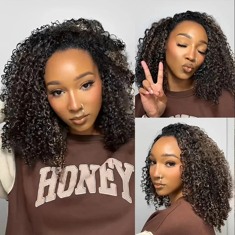 Blonde Highlight Kinky Curly Glueless Drawstring Half Wig Human Hair 3 In 1 Half Wig Invisible Hairline Protective Style