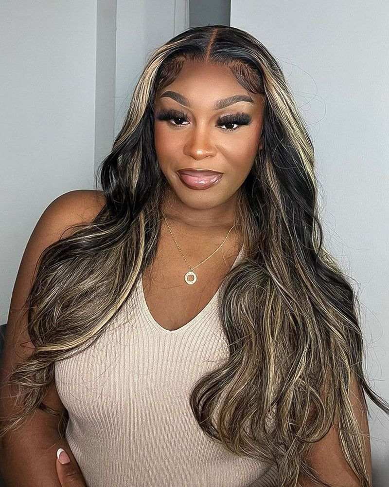 Curtain Bangs 1B/27 Highlight Colored Body Wave Human Hair 13x4 HD Lace Wigs