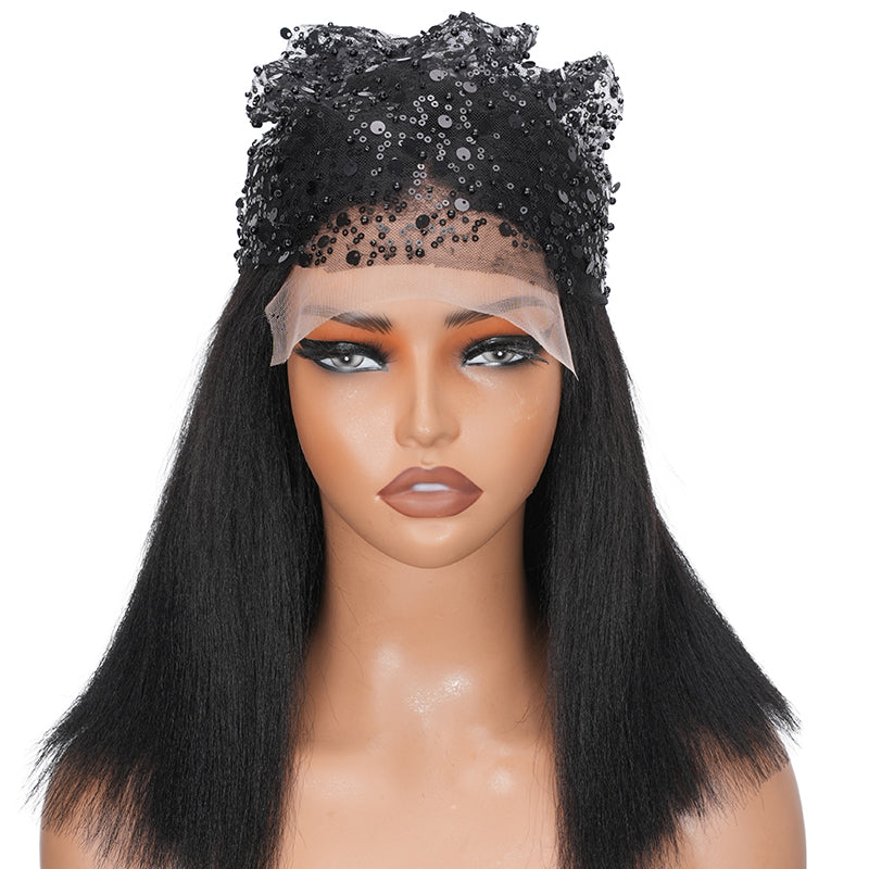 Minice Yaki Straight Put On and Go Glueless Lace Wigs 7x5 HD Lace Wig With Sexy Sparkle Sequin Lace-able Hijab Cap