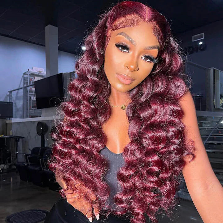 Burgundy 99J Loose Wave Wigs 13x4 Lace Front Wig Human Hair Pre Plucked